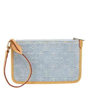 Pre-owned Louis Vuitton Denim Clutches & Wristlets Monogram Pochette Wristlet Light Blue