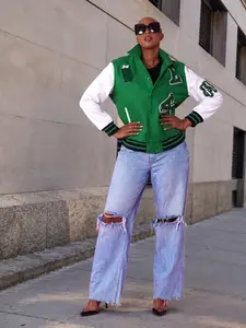 Green Varsity Jacket -82152 Casual Women's Oversized Baseball Style Coats with White Sleeves & Front Patches