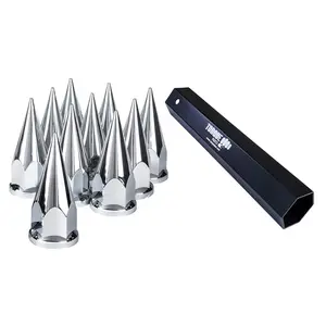 TORQUE 10 pcs of 33mm Chrome Spike Screw-on Lug Nut Covers w/Remover Tool Socket (Universal Fit) for Volvo & International & Peterbilt & Kenworth & Mack & Freightliner Semi Trucks (TR10570, TR10259)