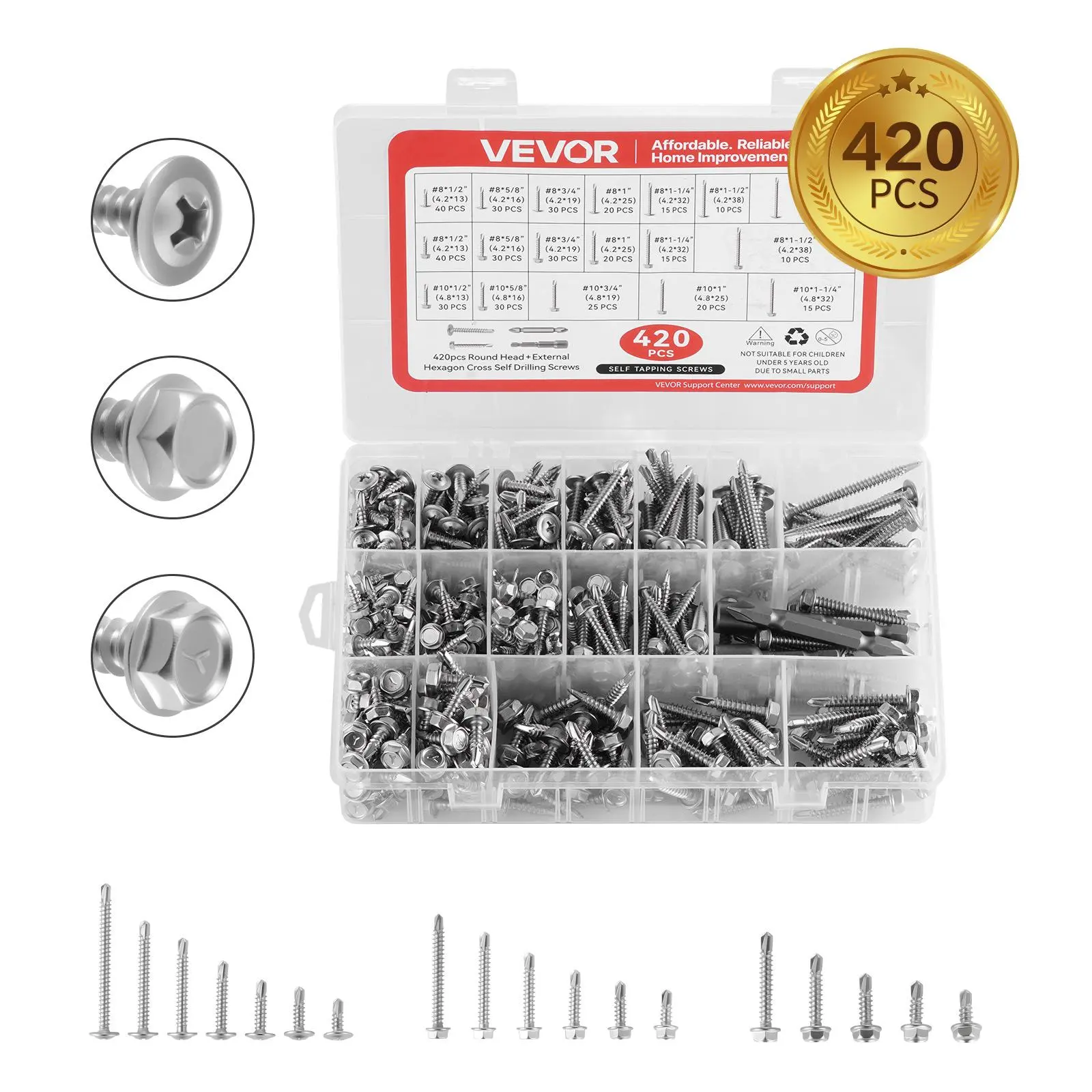 【Auction】VEVOR 420 PCS Stainless Steel Self-Drilling Screws Assortment Kit, #8 #10 Phillips Truss/Hex Head Self-Tapping Screws (1/2in-2in Deep Threads) - High Hardness Silver Fasteners for Metal, Wood Repair, Appliance Maintenance, Stainless Steel Screws