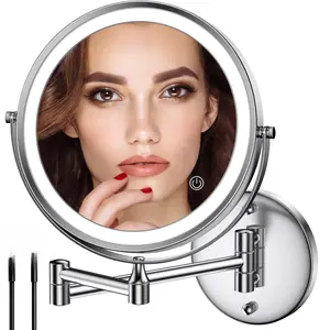 Rocollos Rechargeable Wall Mounted Lighted Makeup Mirror Chrome, 8 Inch Double-Sided LED Vanity Mirror 1X/10X Magnification,3 Color Lights Touch Screen Dimmable 360°Swivel 13 Inch Extendable