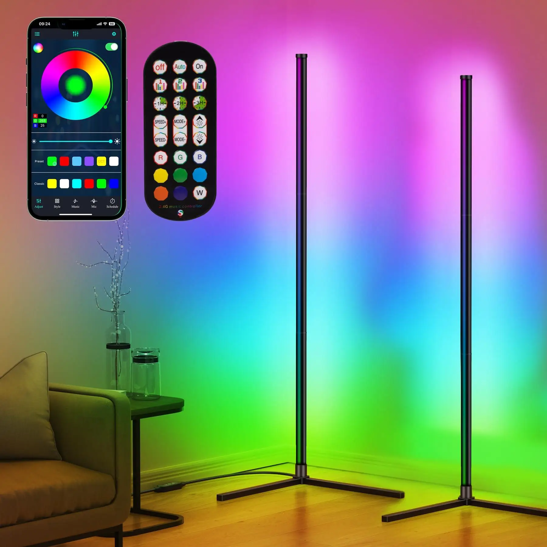 FL-200 TikTokShopfalldealsforyou Corner Floor Lamp with APP and Remote Control, 16 Million Colors & 68+ Scene Color Changing Ambience Light with Music