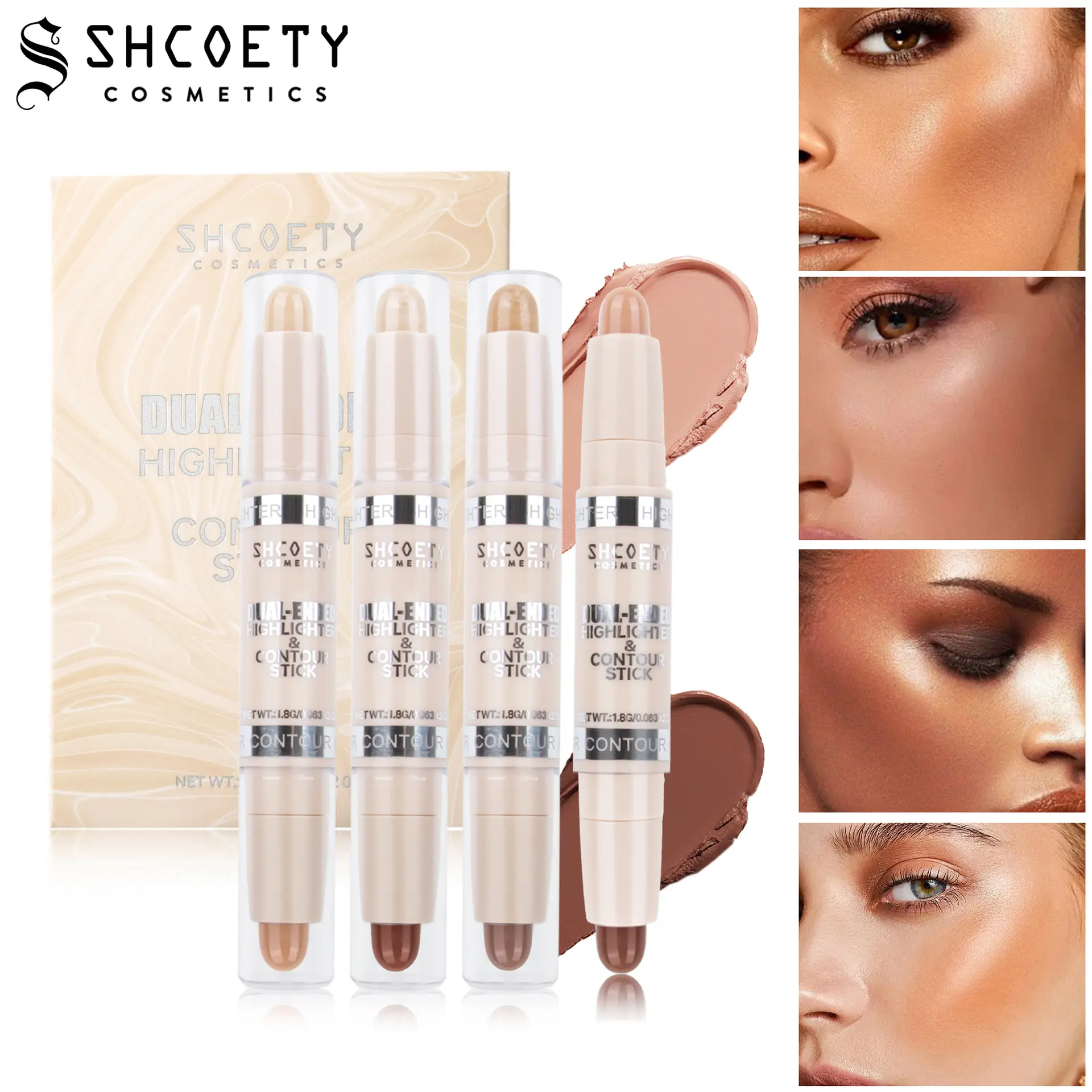 SHCOETY 4-Piece Dual-Ended Contour and Highlighter Stick Set, Cream Face Makeup for Nose, Cheekbones and Jawline, 4 Shade Pairings