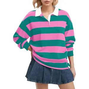 Women's Long Sleeve Striped Polo Shirt Oversized Collar Y2k Pullover T Shirt Casual Loose Streetwear Rugby Sweatshirt