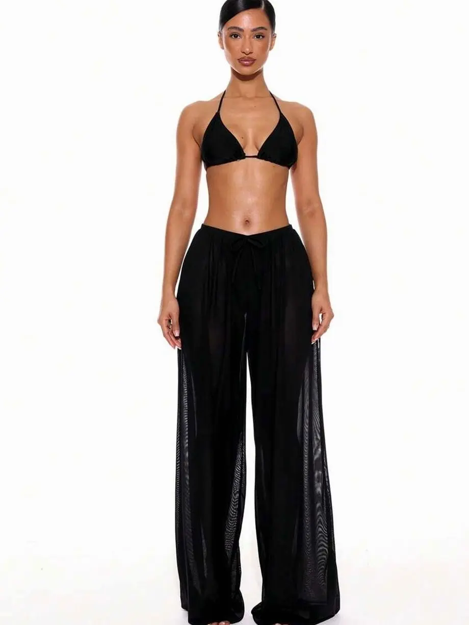 Low Rise Drawstring Beach Trousers, Wide Leg Sexy Cover Up for Tropical Vacation