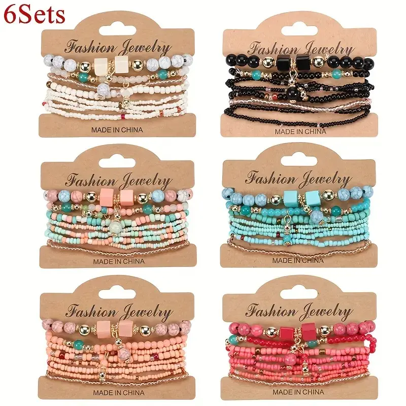 Women's 6-Set Boho Stackable Bead Bracelets, 48-Piece Vintage Multilayer Stretch Charm Jewelry, Handmade Colorful Seed Beads Ethnic Accessories for Beach & Daily Wear, Bracelet