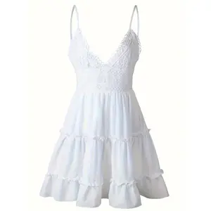Frill Trim Contrast Lace Cami Dress, Elegant Sleeveless V Neck Spaghetti Strap Dress For Spring & Summer, Women's Clothing