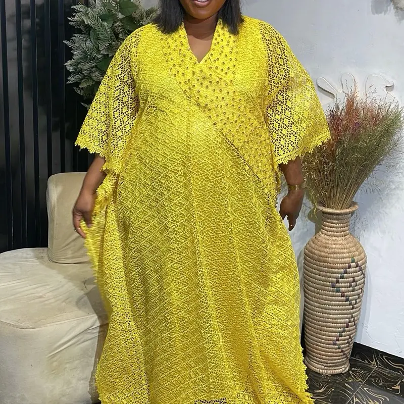 Quality African yellow Lace bubu dress  Fashionable - Womenswear Elegance