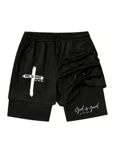 Men's Christian Cross Graphic 2-in-1 Athletic Drawstring Workout Shorts Athleisure Shorts