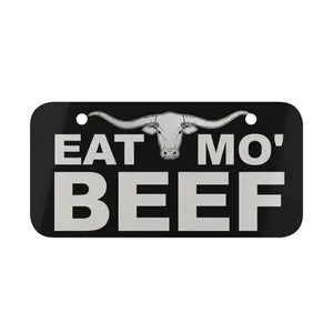 Eat Mo' Beef License Plate with Longhorn Cow Design 6" x 3" Aluminum Pre-Drilled Holes for Motorcycle and Bicycle Easy Installation