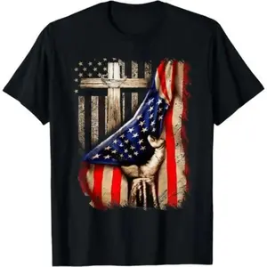 Men's Vintage Casual Short-Sleeve Round Neck Christian Cross American Flag Faith Over Fear Streetwear Menswear T-Shirt, Made in USA