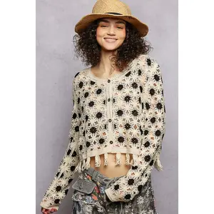 POL Openwork Floral Crochet Cardigan with Tassel Hem