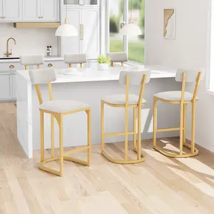 Modern Bar Stools Set of 6 – Upholstered Metal Counter Height Chairs with Backrest – Gold Tall Breakfast Dining Stools for Kitchen Island or Home Bar – 2pcs per Set