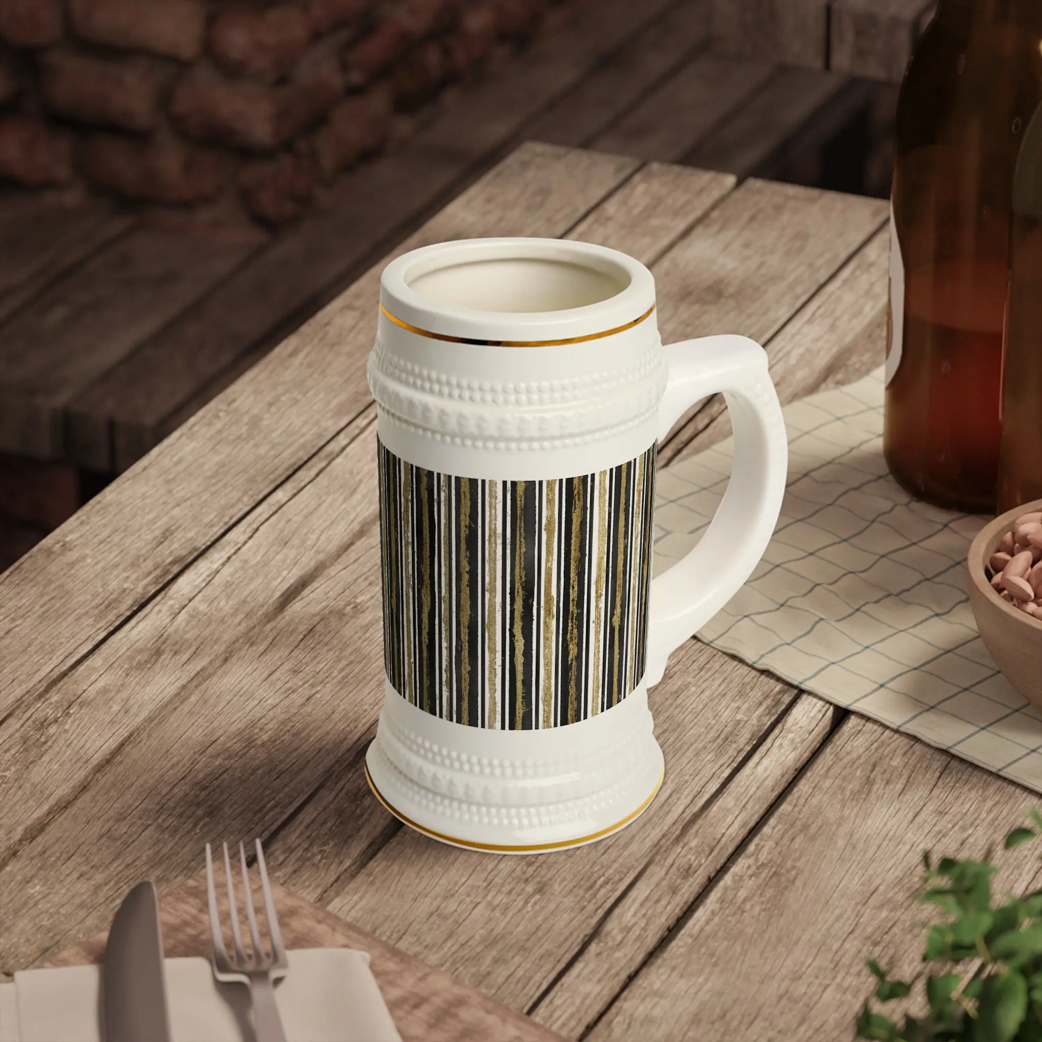 Vintage Wood Stripe Beer Stein | Rustic Bar Ceramic Mug