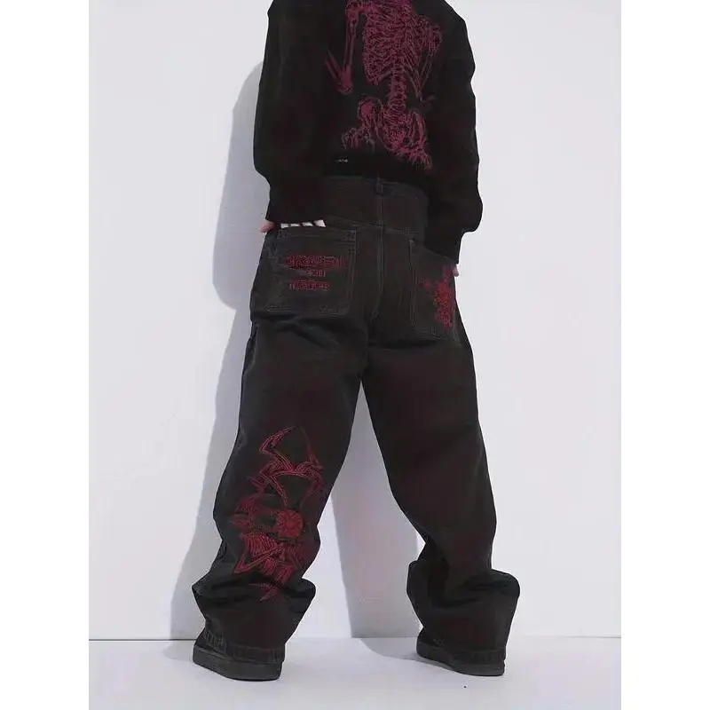 NewMen'sRegularFitSkeletonEmbroideryDenimJeans,StreetFashionCasualComfyPantsforDailyWear,Men'sTrousersforAllSeasons,Cotton,GraffitiJeans
