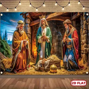 2D Flat Merry Christmas Decoration Banner Polyester Three Wise Men Pattern Traditional Nativity Scene for New Year Epiphany Party Home Wall Photography Backdrop Indoor Outdoor Studio Photo Booth Ornaments