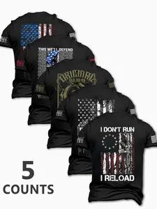 Men's Fashion Round Neck Casual Short Sleeve T-Shirt, Summer Comfortable Flag Print Outdoor Tee 5 Pack Set, Daily Wear for Boyfriend