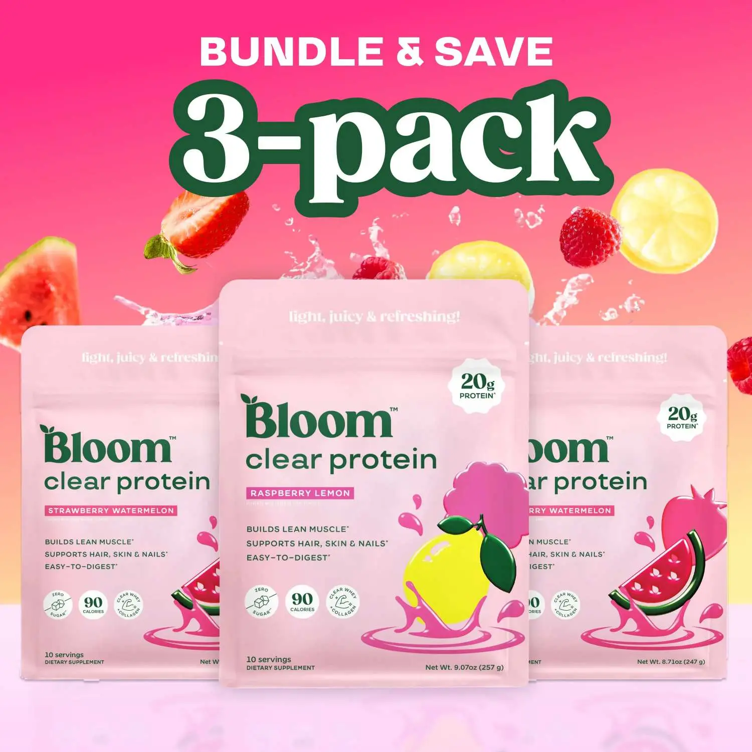 Bloom Clear Protein, Whey Protein Isolate with Collagen Peptides and Digestive Enzymes, 20g Protein, Sugar Free Post Workout Drink Mix, 90 Calories, Strawberry Watermelon, 10 Servings