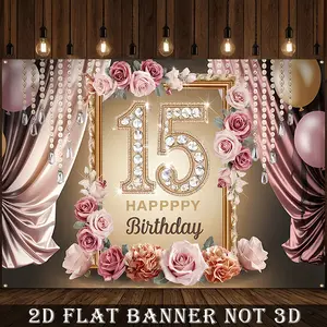2D Flat Banner,1pc Elegant 15th Birthday Party Backdrop - Golden & Rose Decor with Sparkling Lights, Polyester Banner for Home & Room Decor, Perfect for Birthday Celebrations, Party Decorations Banners