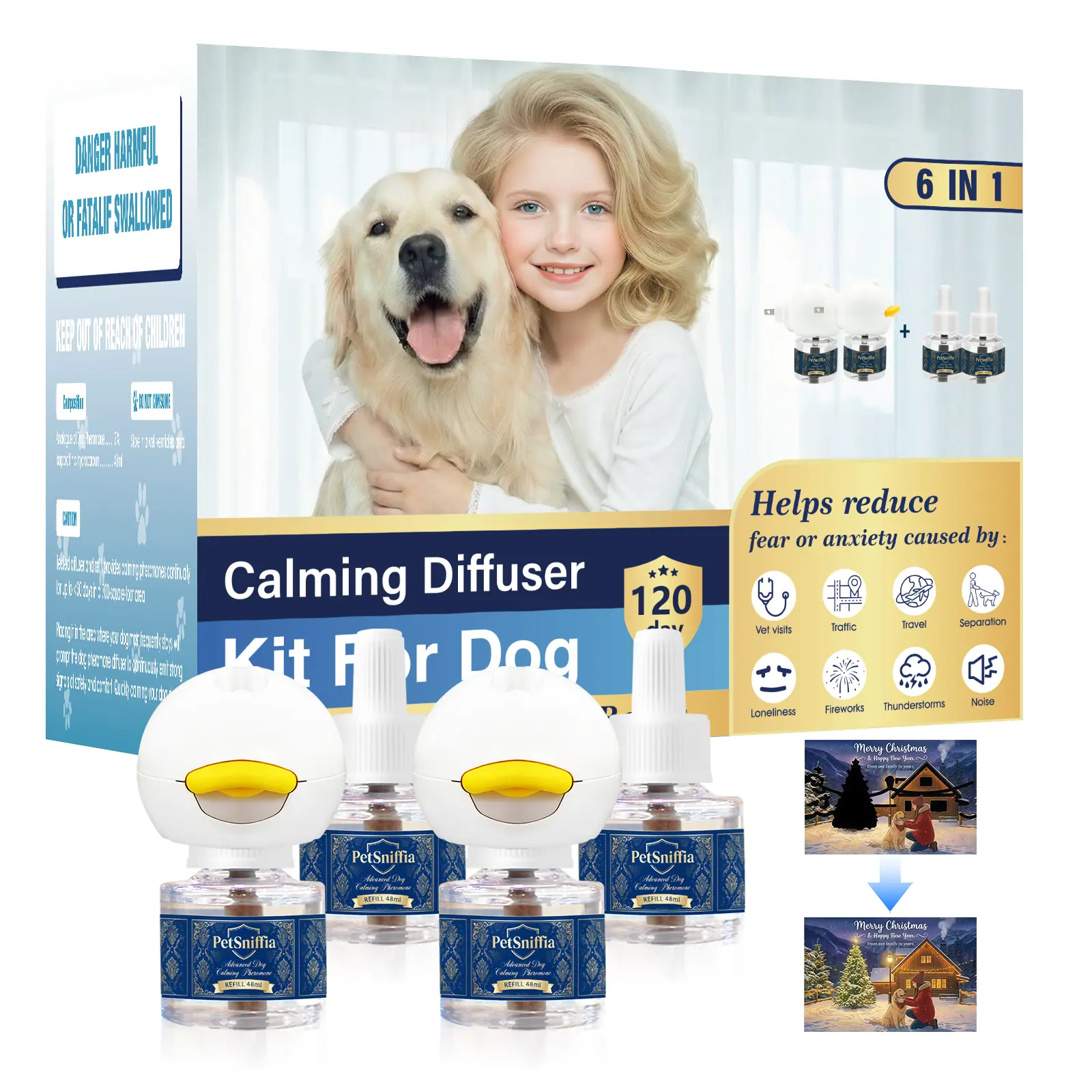 PetSniffia 2026 Advanced Dog Calming Diffuser Refill Kit (6-Pack, 180-Day Supply) - Melatonin Scented Aroma Room Refills, Household Anxiety & Stress Relief, Sleep Aid - Ideal for Fireworks, Storms - Great Gift