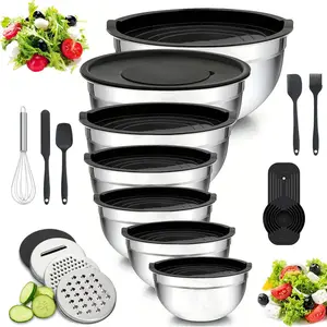 7+14 Stainless Steel Mixing Bowls Set with Grater Attachments Food Grade Leakproof Lids Stackable Durable Polished Salad Bowls Multiple Sizes for Baking Prepping Storage Kitchen Utensils Included