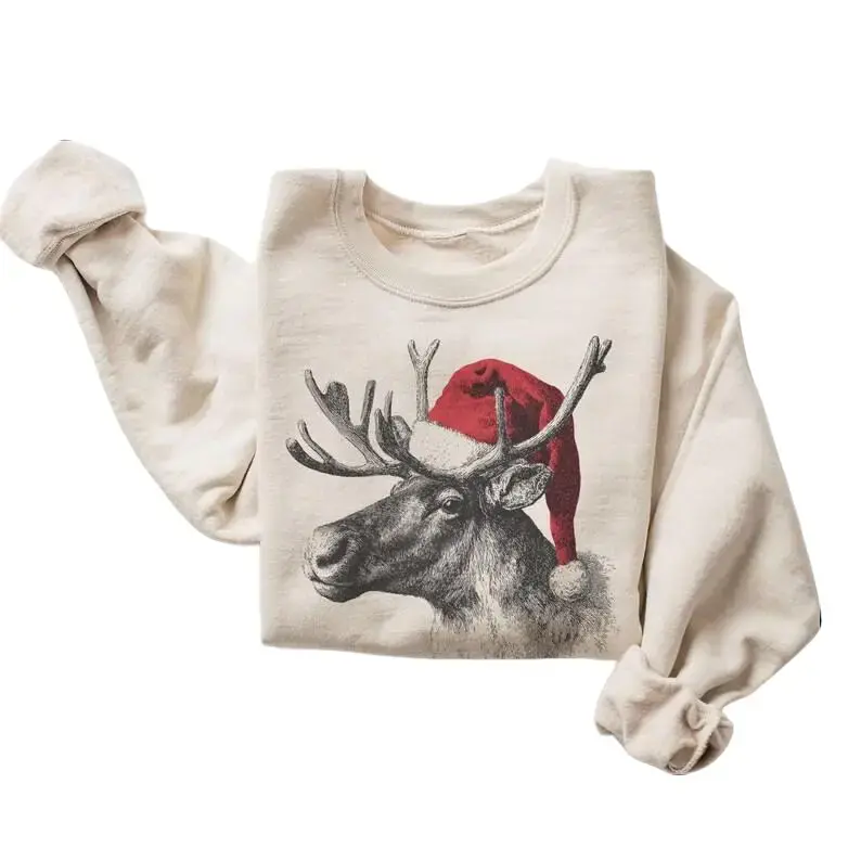Unisex Christmas Sweatshirt with Retro Reindeer Santa Hat Graphic, Casual Long Sleeve Cotton Blend Pullover for the Holidays