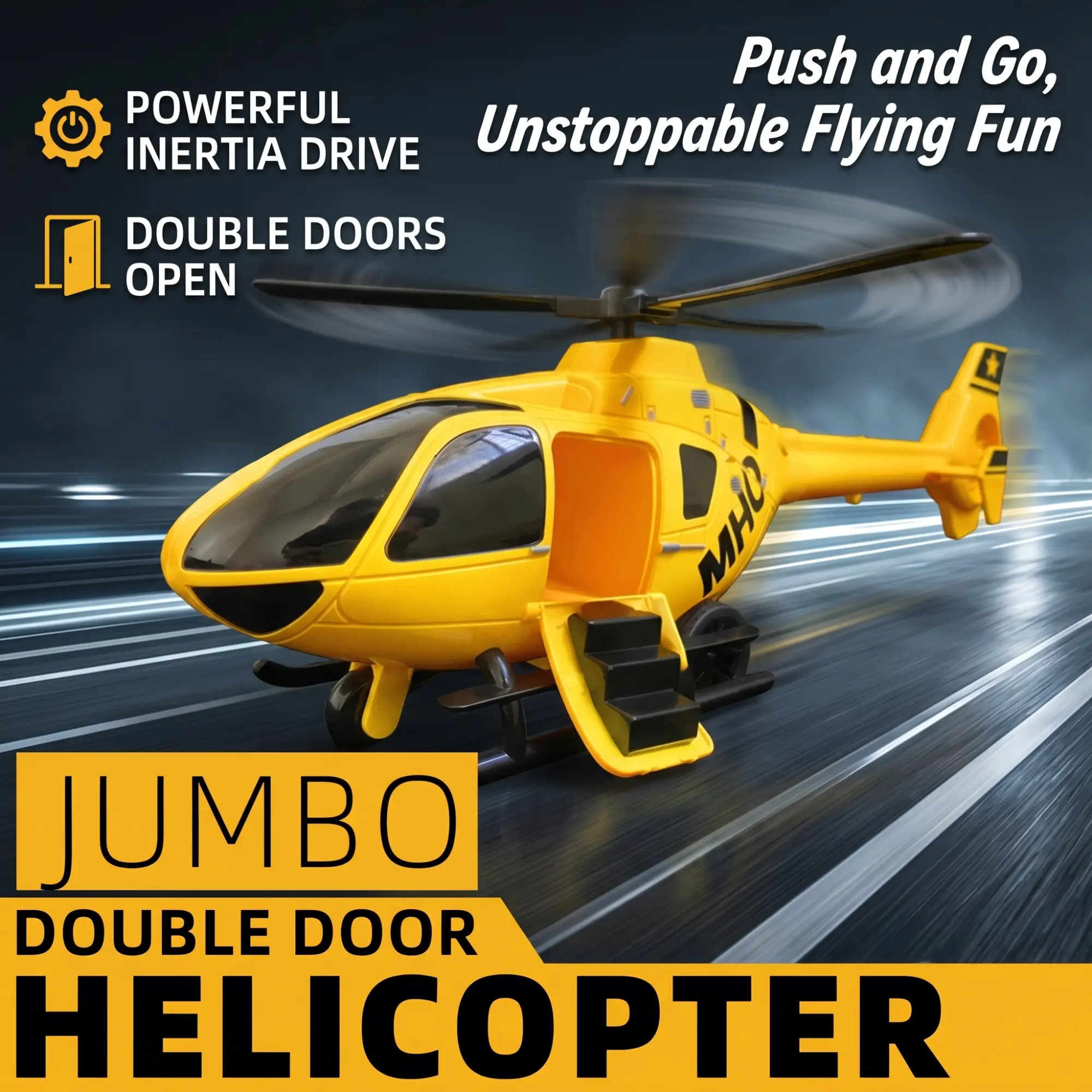18.5in Push-and-Go Inertia Helicopter Model Toy for 3-8 Yrs Kids, Phthalate-Free PVC-Free Transportation Toy with Automatic Rotors, Realistic Propeller Linkage, Double Openable Doors, No Batteries, 6-8m Glide, Mechanics Learning Preschool Gift