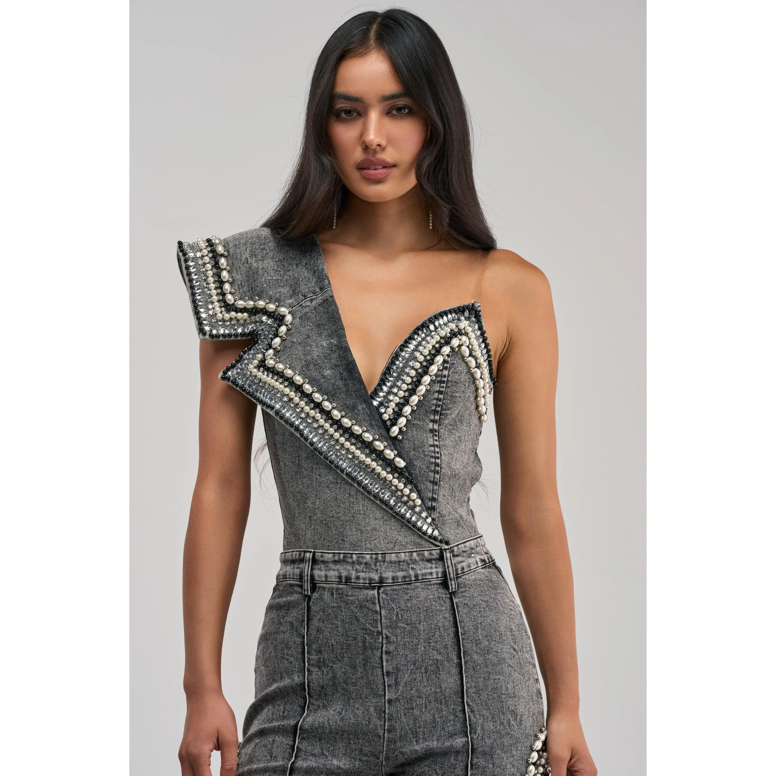LUXURIOUS DENIM ASYMMETRICAL PEARL BODYSUIT IN GREY