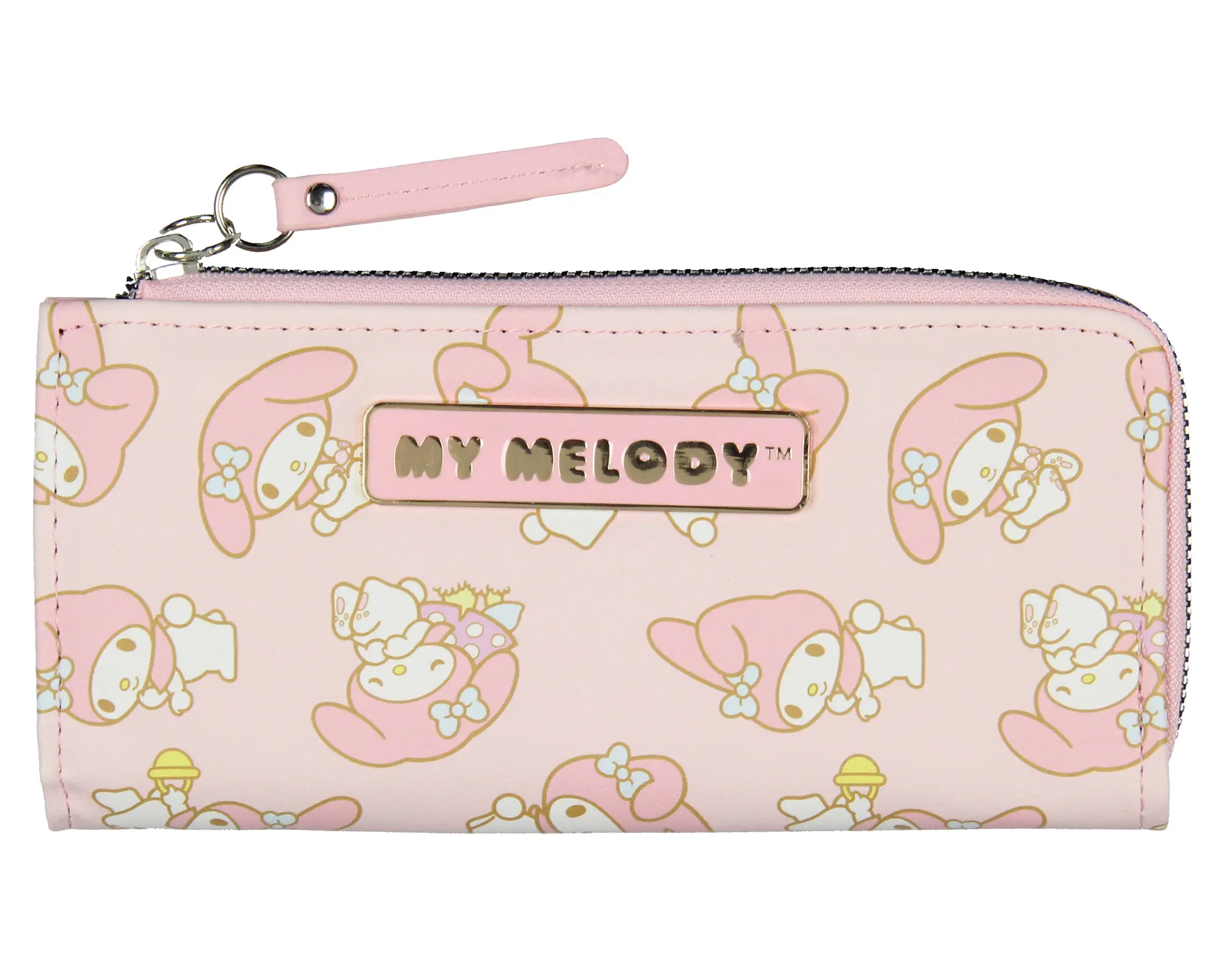 Sanrio Hello Kitty My Melody Allover Sweet Design Faux Leather Full Zip Wallet with Metal Logo Badge