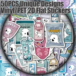 50PCS Ghost Food Aesthetic Stickers Pack, Cute Spooky & Fun Halloween Illustration Vinyl Stickers for Scrapbooking, Journal, Planner, Album, Laptop, Water Bottle, Phone Case, DIY Craft Decoration, Gift Wrapping, Packaging Labels
