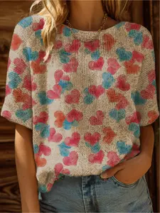 Spring and summer, Knitwear, Round Neck collar with shoulder sleeves knitted top, color matching love print short sleeve women's Valentine's Day knitted top, holiday style, casual commuting, Bohemian holiday seaside knitted top, Knitted Pullover