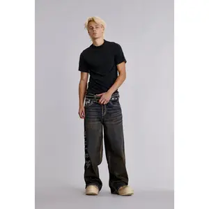 rr Women's Oversized Drape Denim Bottoms - Leather-Accent, Baggy Fit, Cropped Leg, Printed Streetwear Jeans with Pocket