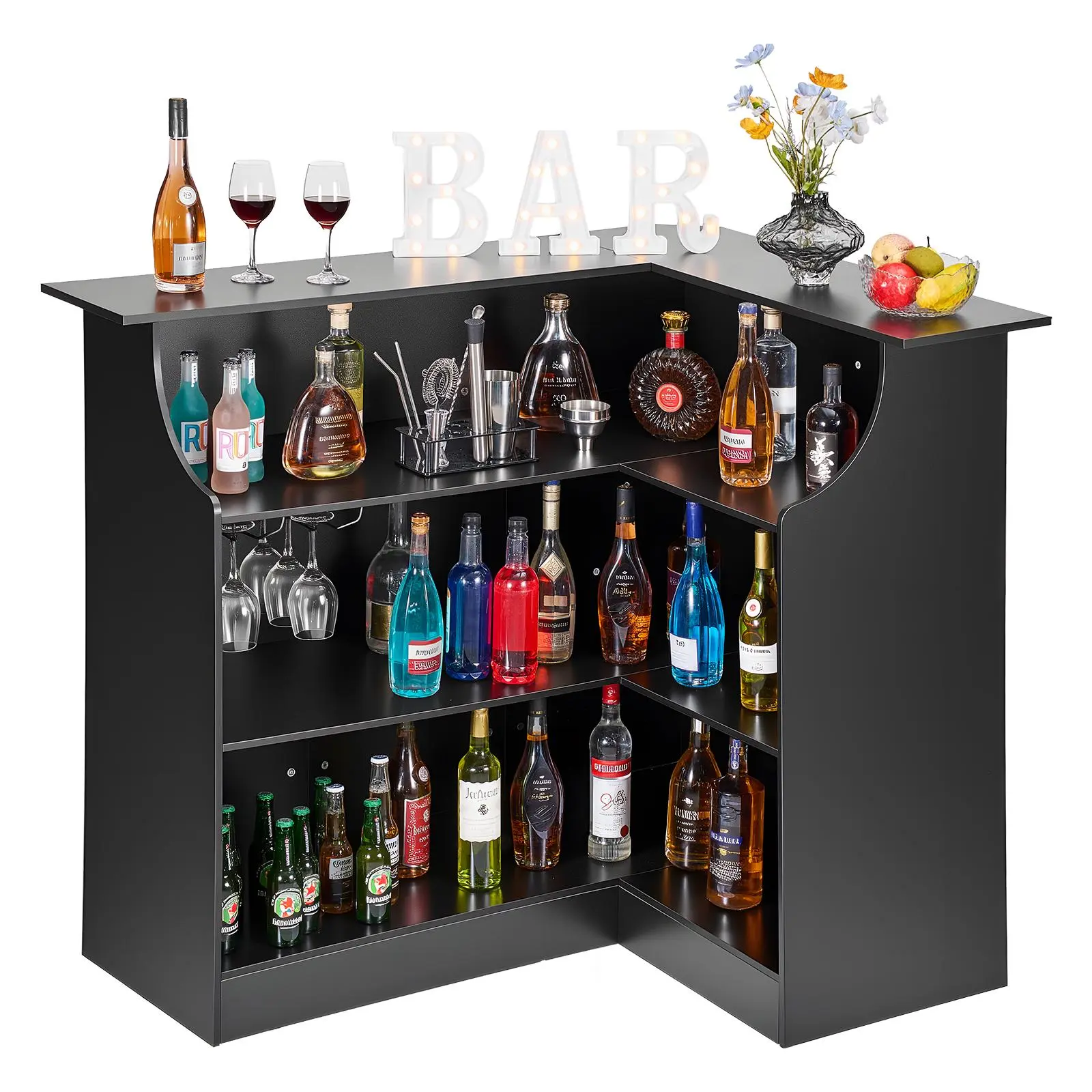 【toolupgrade】VEVOR Home Bar Unit, L-Shaped Wine Bar Cabinet Table 4-Tier with Storage Shelves,  Wine Glass Holder, 300 lbs Max Capacity, Wood Liquor Cabinet for Home, Kitchen, Living Room, Pub, Basement, Black