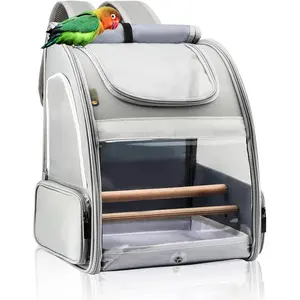 Bird Carrier Backpack - Pet Travel Cage with Upgraded Tray and Standing Perches, Breathable & Portable, for Small Birds, Green Cheek, Cockatiel, Parrot (Grey)