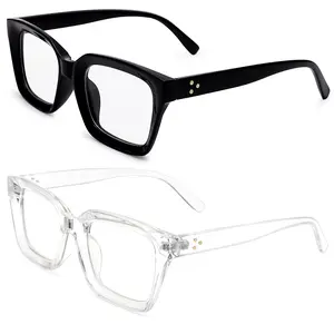 2 Pack Classic Thick Square Frame Glasses - Black Clear & Black Grey Non-Prescription Clear Lens Eyewear for Women