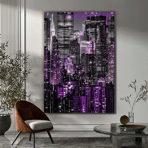 1pc,Modern Purple Cityscape Canvas Wall Art - Dynamic Urban Skyline Night View Print - Contemporary Skyscraper Decor for Living Room, Bedroom, & Office Spaces