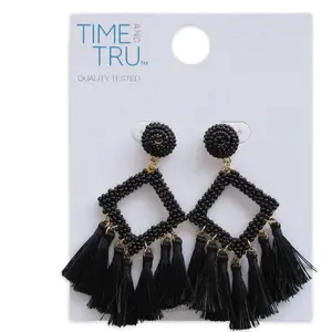 Time and Tru Black/Gold Zinc Alloy/Glass/Cord/Iron/CZ Tassel Earring NEW