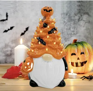 Gnome Halloween Decorations Indoor, Light up Halloween Ceramic Tree with Pumpkin Bat, Vintage Orange Halloween Home Table Decor, Halloween Figurines for Bedroom Night Table, Gnome Gift for Kids Women