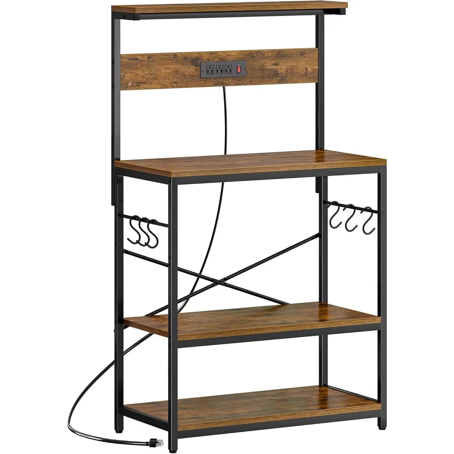 Bakers Rack with Power Outlets, Microwave Stand, 31.5 X 16.5 Inch Larger Desktop, Kitchen Storage Rack with Adjustable Middle Shelf, 6 S-Shaped Hooks, Coffee Bar Stand, Rustic Brown