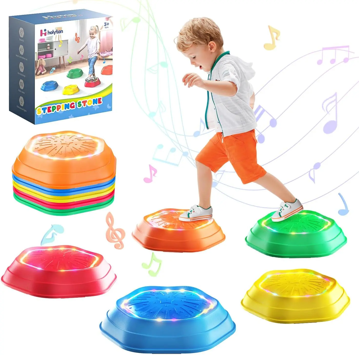 Light Up Musical Stepping Stones for Kids, 5 Pack Sensory Balance Stepping Stones with Rechargeable Batteries, Non-Slip Toddler Stepping Stones for Ages 3-8, Indoor Outdoor Active Play Toy, Red Colorful Exercise