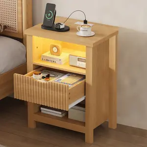 LAKEMID Modern Wooden Nightstand with Drawers Recessed Nightstand with Charging Station 20-inch Wide Nightstand with LED Light Wooden Bedside Table for Bedroom/Living Room (Natural Wood Grain)