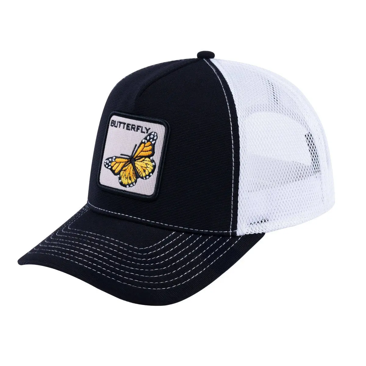V2 Embroidered The Butterfly - 5 Panel Trucker Hat - Black/White