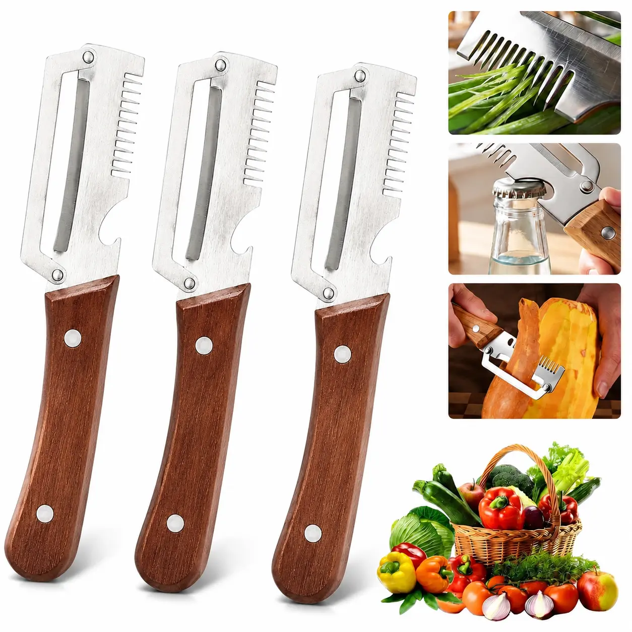 Multi-Functional Vegetable Peeler, 3 in 1 Multi Functional Wooden Handle Peeler and Bottle Opener, Kitchen Gadgets Tool for Fruit Pumpkin Peeling Potato Carrot Veggie Peeler stainless