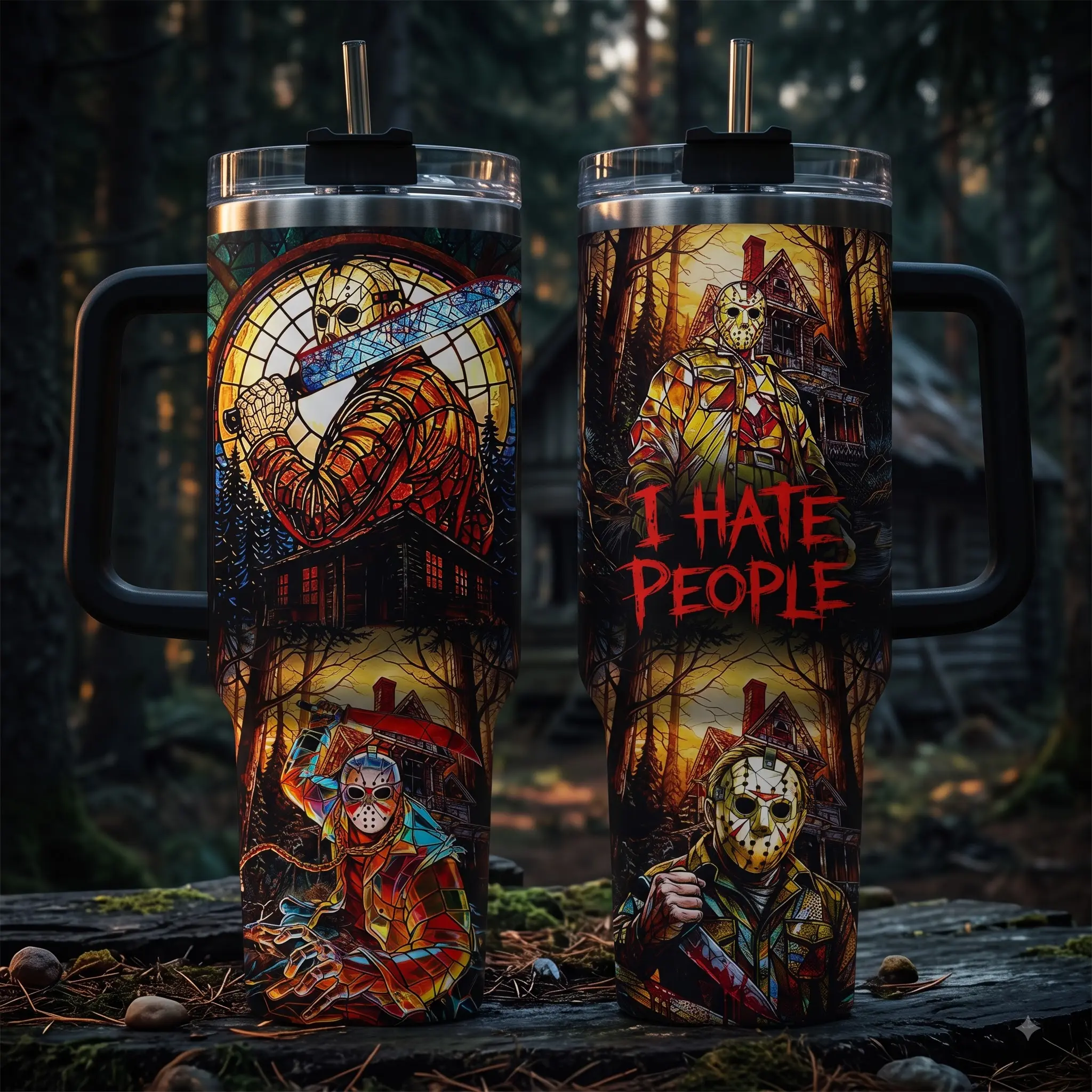 Jason Voorhees 40oz Tumbler Handle Straw, Insulated Travel Mug, Friday the 13th I Hate People Stained Glass Bloody Machete Camp Crystal Lake Cup, Horror Movie Fan Gift, Vintage Retro Car Water Bottle