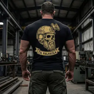 Til Valhalla Tactical Skull Graphic T Shirt Mens Muscle Fit Gym Workout Tee Heavy Duty Back Print Short Sleeve Top