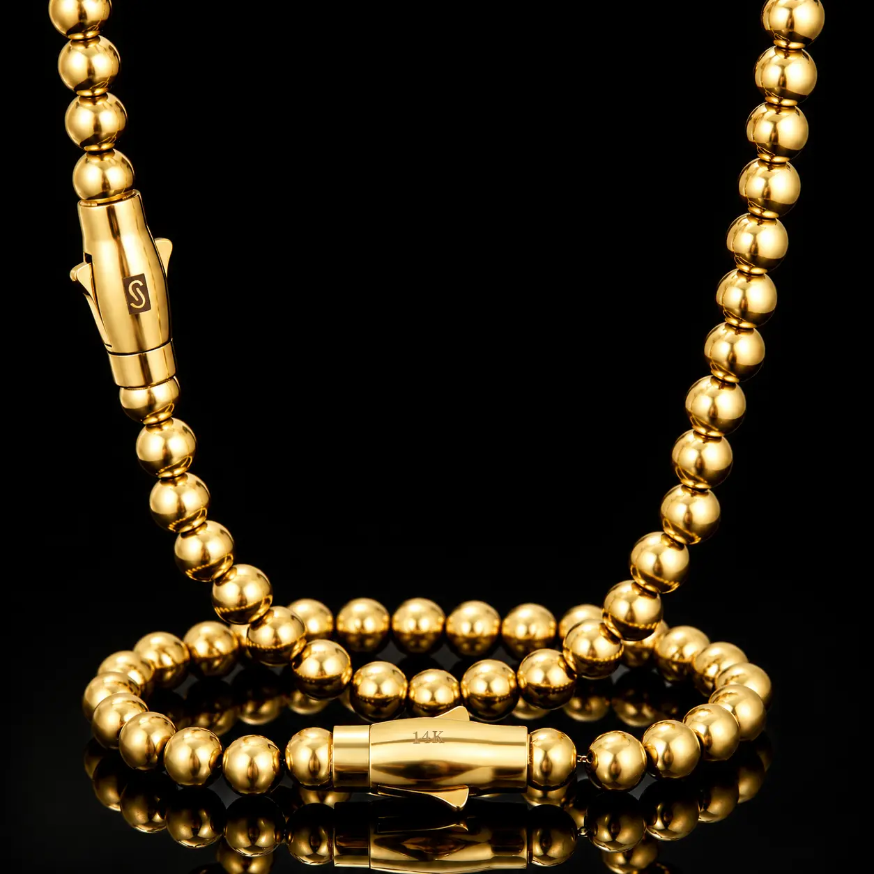 14K Gold-Plated Beaded Necklace for Men and Women, 316L Stainless Steel