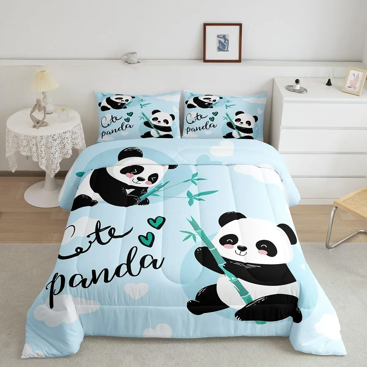 Feelyou Full Size Bedding Set - 3D Cute Panda Print Kawaii Cartoon Comforter, Blue Quilt, Cozy Chic Breathable Blanket, Modern Bedroom Machine-Washable Textile