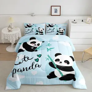 Cute Panda Luxury Full Size Bedding Set,Cartoon Panda Designer Comforter Set,Animal Theme Comforter,Kawaii Animal Blue Quilt Set,Comfortable Bedding