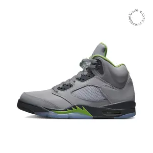 Gray Reflective Material High-Top Retro Basketball Shoes with Bright Green Accents and Icy Blue Translucent Outsole