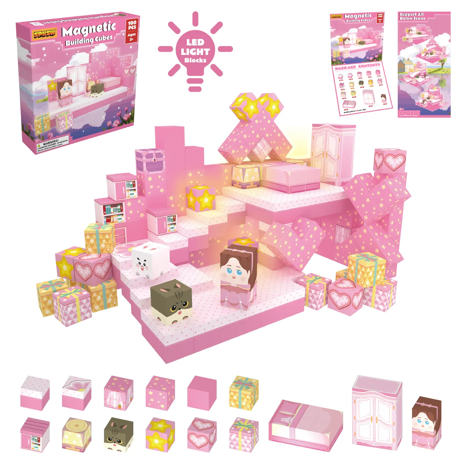 Pink  Magnetic Building Blocks Set 0.8inch 100-Piece House/castle Kit with LED Light Blocks High-Quality Girls' Toy for Creative Play Ideal Princess Gift for Kids Aged 3 4 5 6 7 8 9 10 11 year olds，construction kit ,relief toy